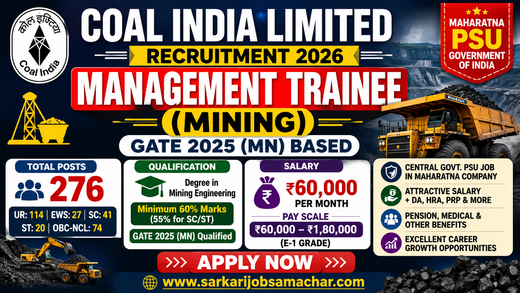 Coal India MT Recruitment 2026 - Apply Online for 276 Posts